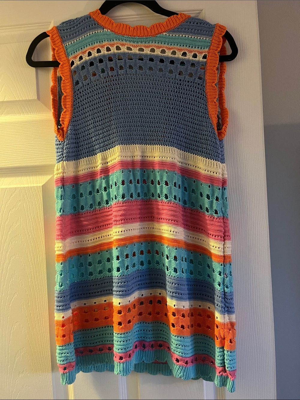 Girls' Multicolor Crochet Stripe Dress - Orange Trim